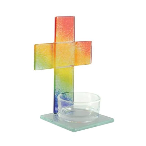 Kreuz mit Teelichthalter - Glas, Regenbogen, 12 cm