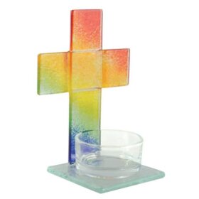 Kreuz mit Teelichthalter - Glas, Regenbogen, 12 cm