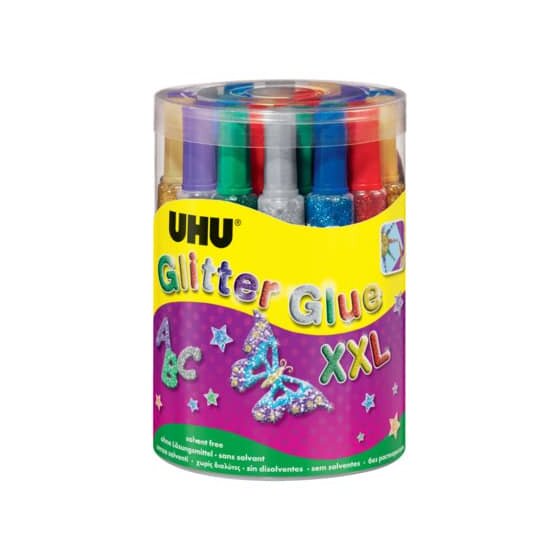 UHU® Young Creativ Glitter Glue ORIGINAL - 24 Tuben à 76 g in Runddose, sortiert