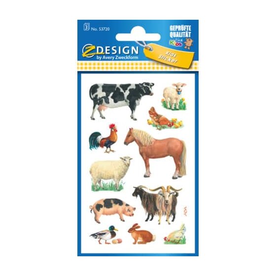 Avery Zweckform® Z-Design 53720, Kinder Sticker, Bauernhoftiere, 3 Bogen/33 Sticker