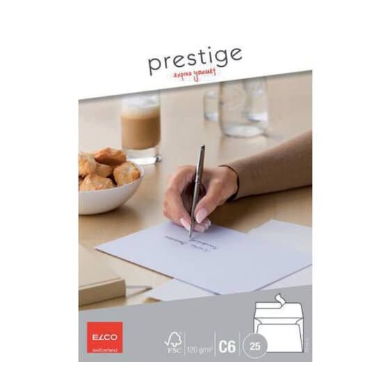 Elco Briefumschlag Prestige - C6, hochweiß, Haftklebestreifen, ohne Fenster, 120 g/qm, 25 Stück