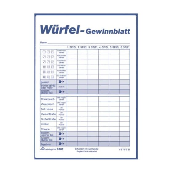 RNK Verlag Würfelspiel-Gewinnblatt - Block, DIN A6, 3 x 85 Blatt