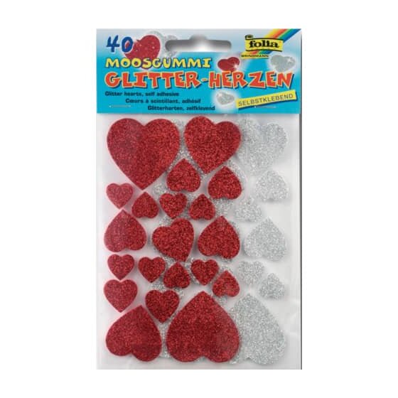 Folia Moosgummi Glitter Sticker - 40 Herzen sortiert, selbstklebend