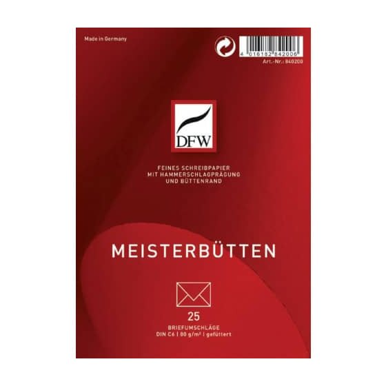 DFW Briefumschlag Meisterbütten - DIN C6, gefüttert, 80 g/qm, 25 Stück