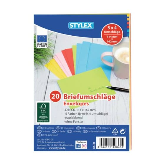 STYLEX® Briefumschläge - C6, ohne Fenster, nassklebend, 20 Stück sortiert