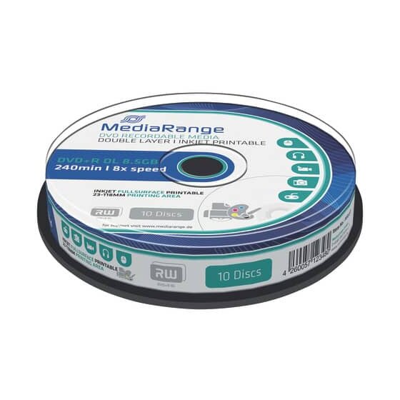 MediaRange DVD+R Double Layer 8.5GB, 240min 8-fache Schreibgeschwindigkeit, vollflächig bedruckbar (Tintenstrahldrucker), 10er Cakebox