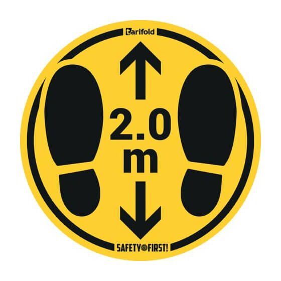 Tarifold Bodenaufkleber "Fußabdruck" für raue Böden, 2 m Abstand halten, Ø 350 mm, gelb-schwarz