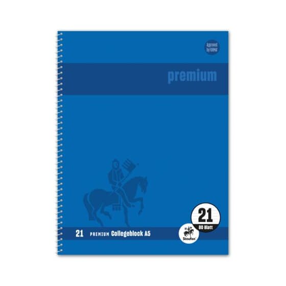 Staufen® Collegeblock Premium LIN 21 - A5, 80 Blatt, 90 g/qm, blau, liniert mit Rand innen