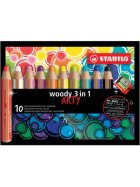 STABILO® Buntstift, Wasserfarbe & Wachsmalkreide - woody 3 in 1 - ARTY - 10er Pack mit Spitzer, sortiert
