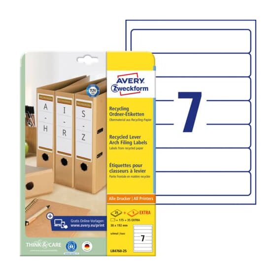 Avery Zweckform® LR4760-25 Recycling Ordnerrücken-Etiketten, schmal/kurz, 38 x 192 mm, weiß, 210 Etiketten