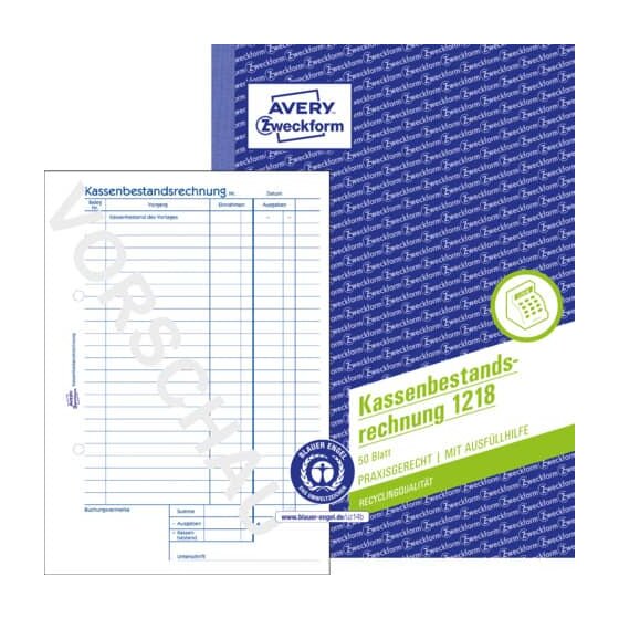 Avery Zweckform® 1218 Kassenbestandsrechnung Recycling - A5, MP, BP, 50 Originale