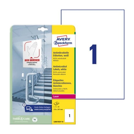Avery Zweckform® L8001REV-10 Antimikrobielle Etiketten - 210 x 297 mm, ablösbar, weiß, 20 Stück