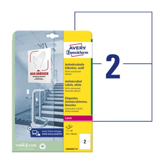 Avery Zweckform® L8002REV-10 Antimikrobielle Etiketten - 210 x 148 mm, ablösbar, weiß, 20 Stück