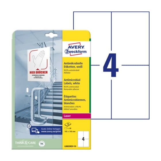 Avery Zweckform® L8003REV-10 Antimikrobielle Etiketten - 105 x 148 mm, ablösbar, weiß, 40 Stück