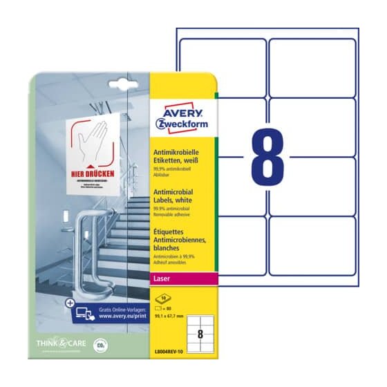 Avery Zweckform® L8004REV-10 Antimikrobielle Etiketten - 99,1 x 67,7 mm ablösbar, weiß, 80 Stück