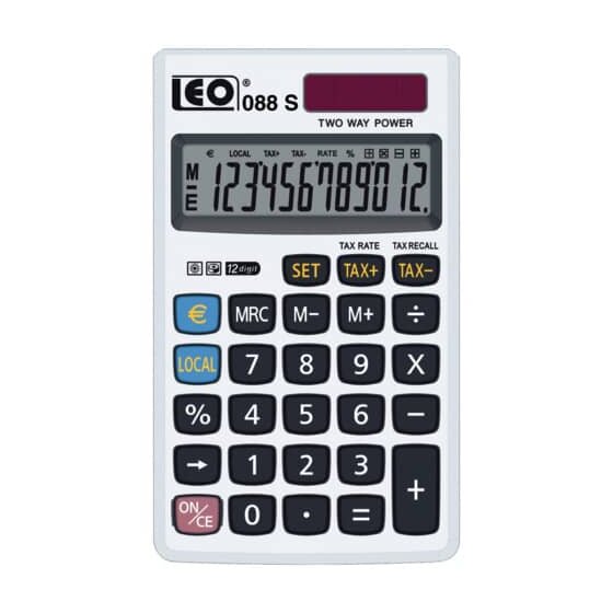 LEO® Taschenrechner 088S - Solar-/Batteriebetrieb, 12stellig, LC-Display, silber