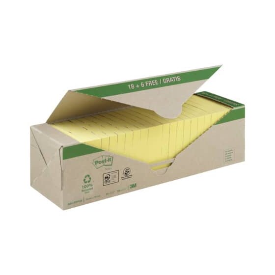 Post-it® Haftnotizblock Recycling Notes - 76 x 76 mm, gelb, 24x 100 Blatt