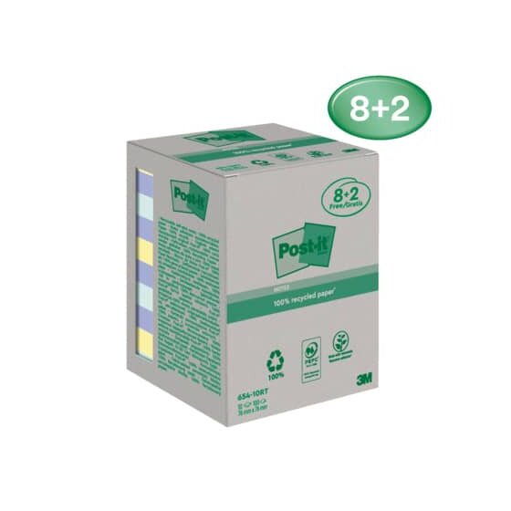 Post-it® Haftnotizblock Recycling Notes - 76 x 76 mm, sortiert, 10 x 100 Blatt