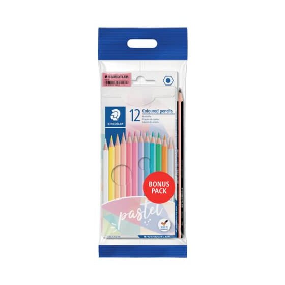 Staedtler® Farbstifte colour Pastell Promotion Set - 3 mm, Etui 12 St. sortiert + 1 Bleistift + Radierer
