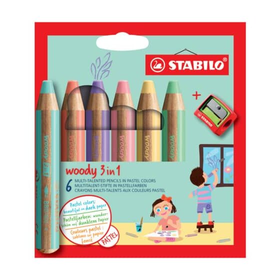 STABILO® Buntstift, Wasserfarbe & Wachsmalkreide - woody 3 in 1 - 6er Pack Pastell mit Spitzer, sortiert