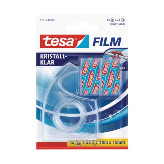 tesa® Handabroller Easy Cut® - 10 m : 15 mm, transparent, inkl. 2 Rollen Klebefilm kristall klar
