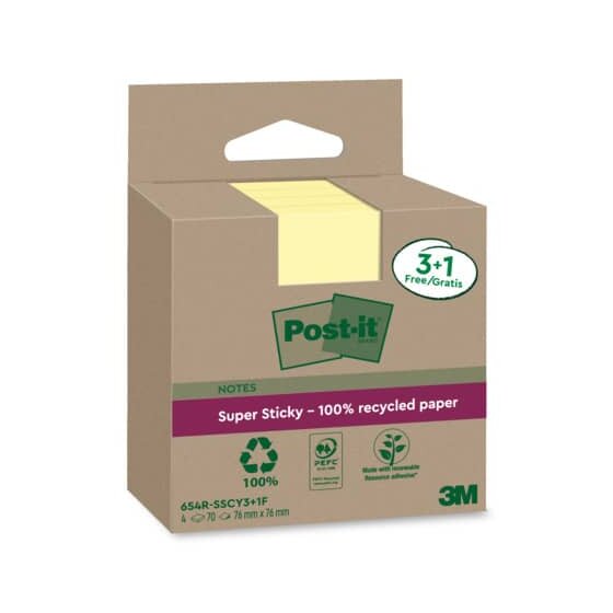 Post-it® SuperSticky Haftnotiz Super Sticky 100% Recycling Notes - 76 x 76 mm, gelb, 3+1x 70 Blatt