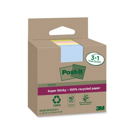 Post-it® SuperSticky Haftnotiz Super Sticky 100% Recycling Notes - 76 x 76 mm, sortiert, 3+1x 70 Blatt