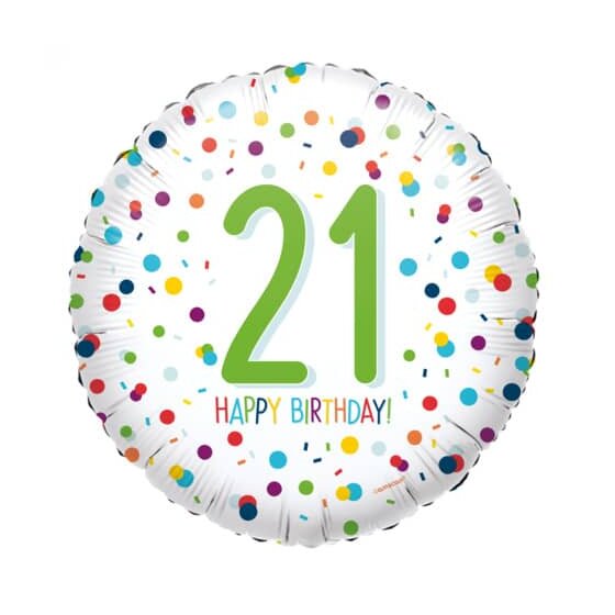 amscan® Folienballon Happy Birthday 21 - Ø 43 cm, weiß, Konfetti