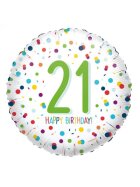 amscan® Folienballon Happy Birthday 21 - Ø 43 cm, weiß, Konfetti