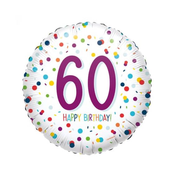 amscan® Folienballon Happy Birthday 60 - Ø 43 cm, weiß, Konfetti