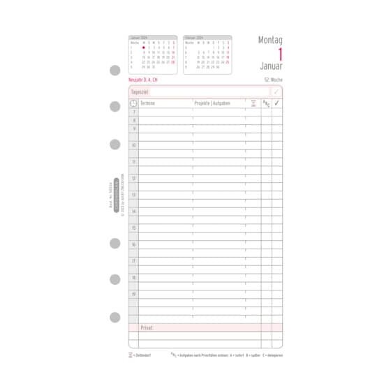 Chronoplan Ersatzkalendarium Jahres-Set mit Tagesplan - Midi, 1 Tag / 2 Seiten