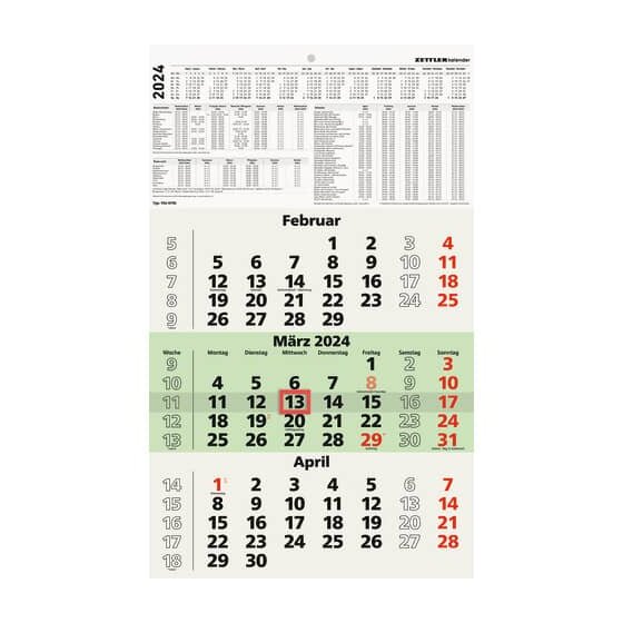 Zettler 3-Monats-Wandkalender 956 - 29,7 x 48,5 cm, Recyclingpapier