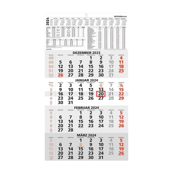 Zettler 4-Monats-Wandkalender 959 - 33 x 59 cm, schwarz/rot