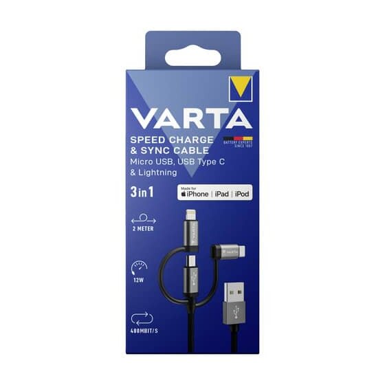 Varta Speed Charge & Sync Kabel 3in1 USB , 2 m, schwarz