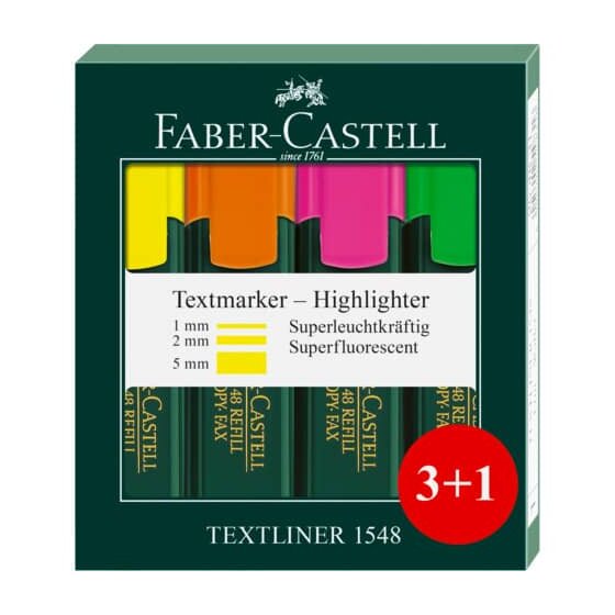 Faber-Castell Textmarker TL 48 REFILL - nachfüllbar, 3+1 Farben sortiert, Kartonetui