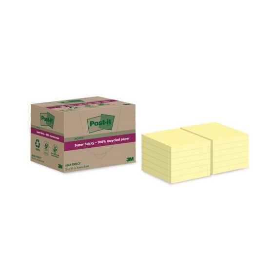 Post-it® SuperSticky Haftnotiz Super Sticky 100% Recycling Notes - 76 x 76 mm, gelb, 12x 70 Blatt