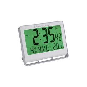 Tischuhr, silber, 20x15x3 cm, LCD-Funkuhr, mit Uhrzeit, Datum, Wochentag, Temperatur Anzeige und Alarmfunktion