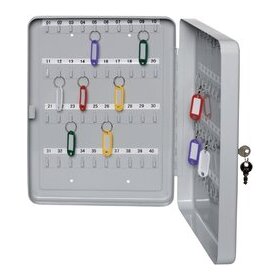 Schlüsselkassette für 20 Schlüssel, lichtgrau, Stahlblech 200 x 55 x 60 mm, kratzfest lackiert, mit 2 Schlüsseln, nummerierten Haken