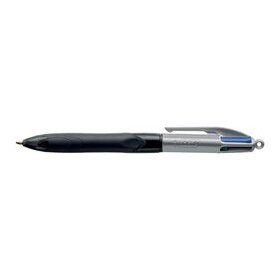 BIC 4-Farb-Kugelschreiber Grip Pro, 0,4 mm, schwarz/grau, Schreibfarben blau, schwarz, rot, grün