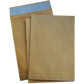 Faltentasche DIN E4, ohne Fenster, haftklebend, 140g/qm, natronbraun, 40 mm Klotzboden, 100 Stück