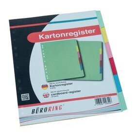 Kartonregister DIN A4, 6tlg., blanko, durchgefärbter Karton, 175g/qm, farbig, Universallochung
