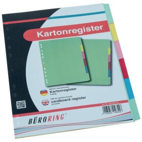 Kartonregister DIN A4, 6tlg., blanko, durchgefärbter Karton, 175g/qm, farbig, Universallochung