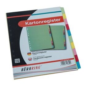 Kartonregister DIN A4, 10tlg., blanko, durchgefärbter Karton, 175g/qm, farbig, Universallochung