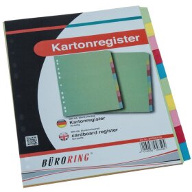 Kartonregister DIN A4, 10tlg., blanko, durchgefärbter Karton, 175g/qm, farbig, Universallochung