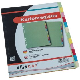 Kartonregister DIN A4, 12tlg., blanko, durchgefärbter Karton, 175g/qm, farbig, Universallochung