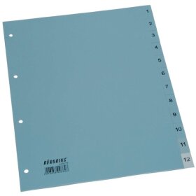 Kunststoffregister DIN A4, 12tlg., 1 - 12, 125 my, PP, grau, 2-fach Lochung