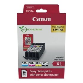 Multipack Tintenpatrone CLI-581Xl, für Canon Drucker, 4 x 8,3 ml, BK/C/M/Y, mit Fotopapier