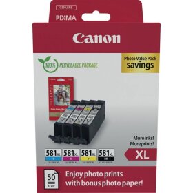 Multipack Tintenpatrone CLI-581Xl, für Canon Drucker, 4 x 8,3 ml, BK/C/M/Y, mit Fotopapier
