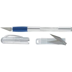 Schablonenmesser Aluminium, L x Ø: 129 x 10 mm, inkl. Schutzkappe und 2 zusätzliche Ersatzklingen, silber