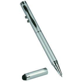 Laserpointer 4-in-1 mit Touch-Pen-Spitze, mit integriertem Kugelschreiber, im Etui, mit Clip, inkl. 3 Knopfzellen, silber